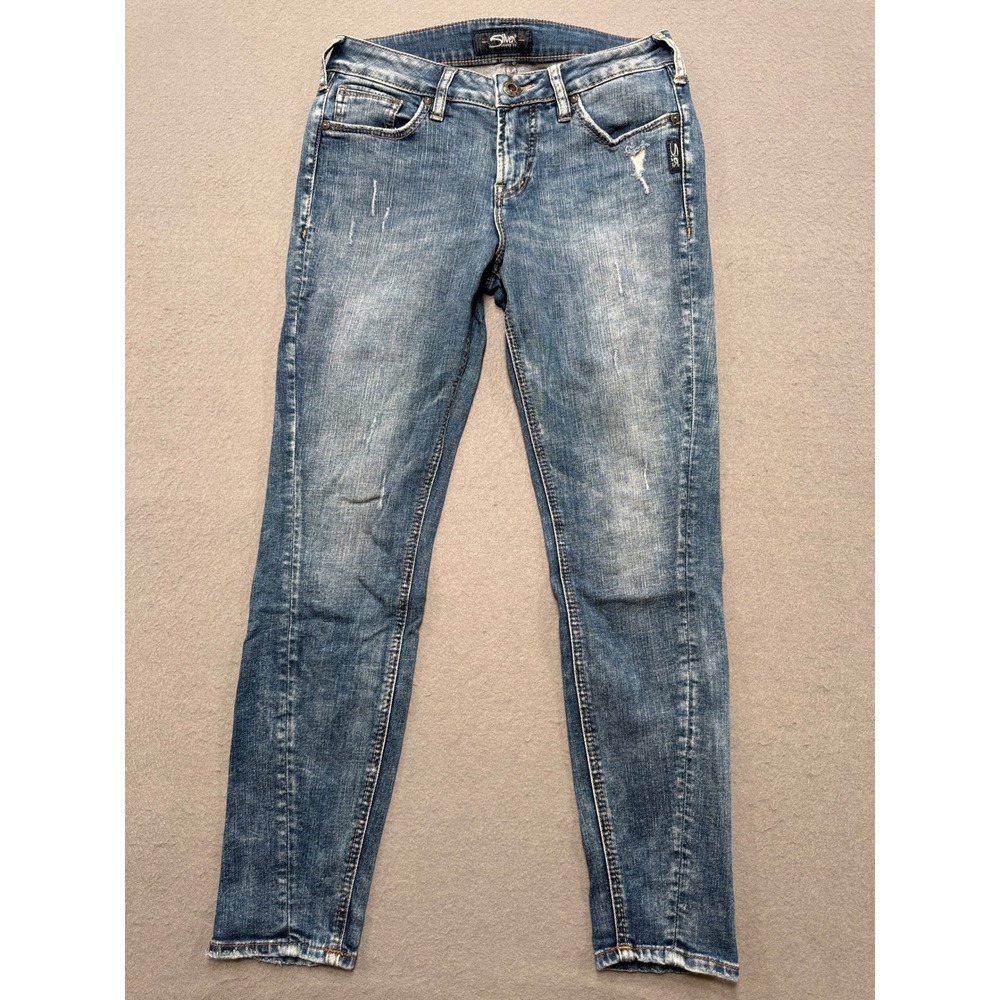 Silver Jeans Women's 28 Blue Aiko Ankle Skinny Low Rise Distressed Medium Wash